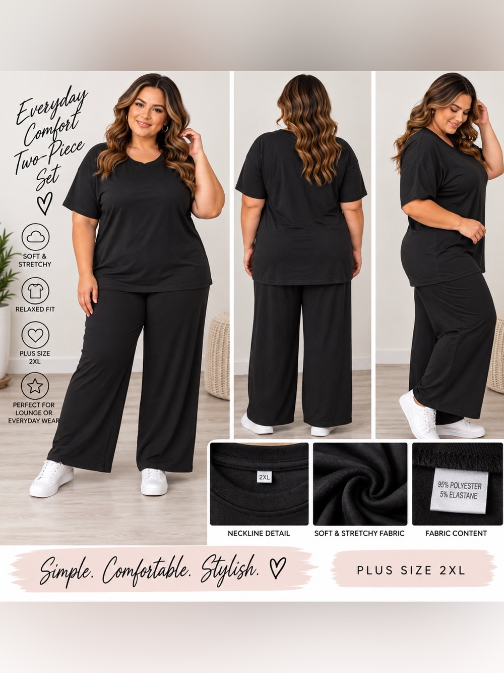 Plus Size Black Wide-Leg Lounge Pants - Comfortable Everyday Wear